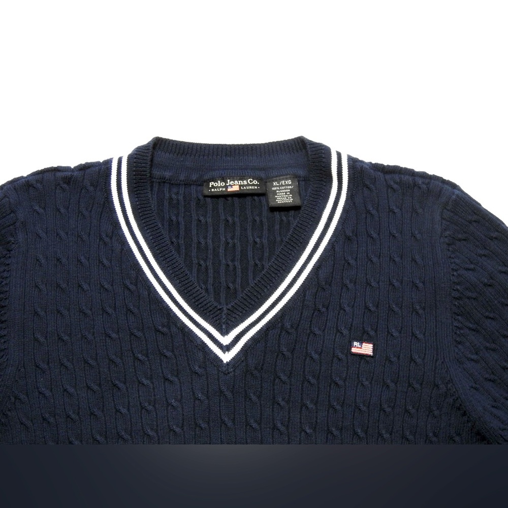 90’s Vintage Polo Jeans Co RL Cable Knit V-neck Sweater Retro Ivy League XL